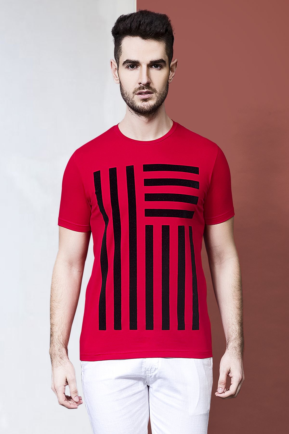 Linear Design Flock Printing - Red