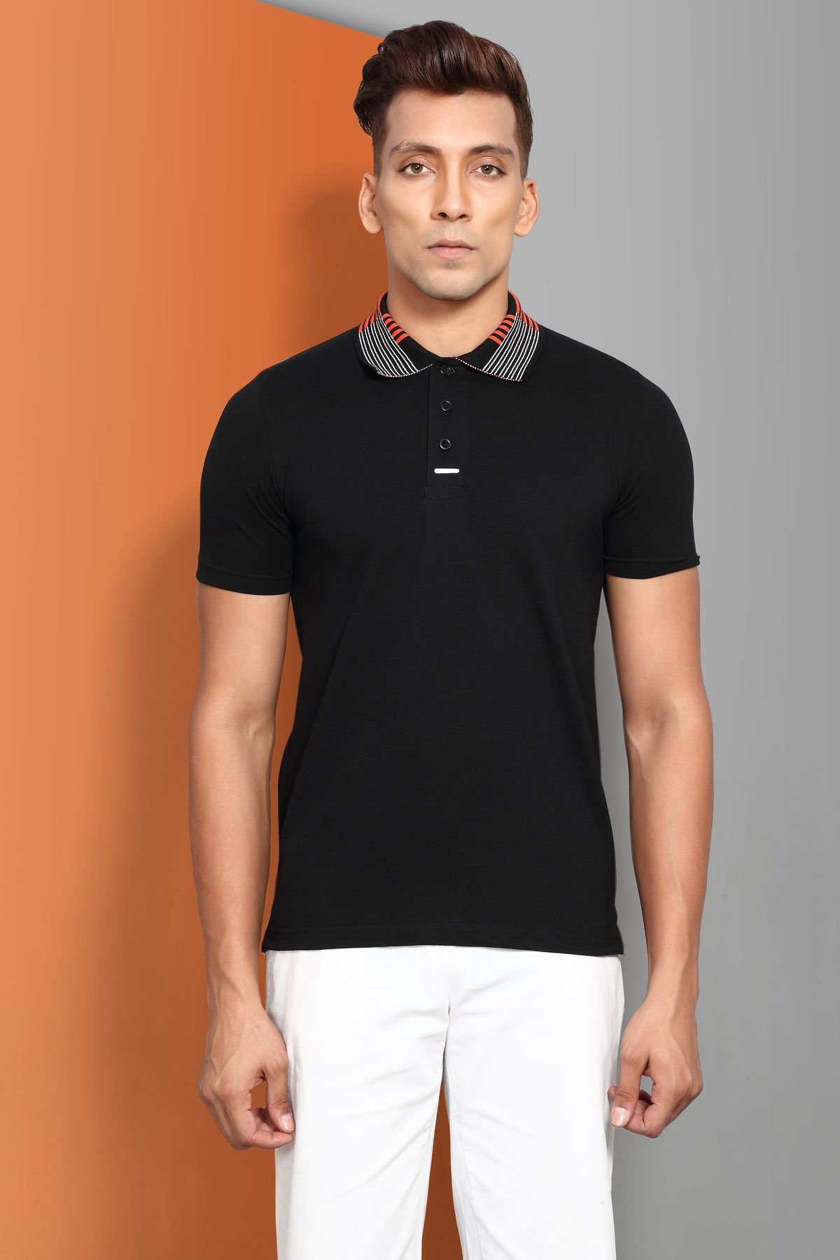 Golf Polo Shirt in Cotton Pique Stretch Fabric - BLACK