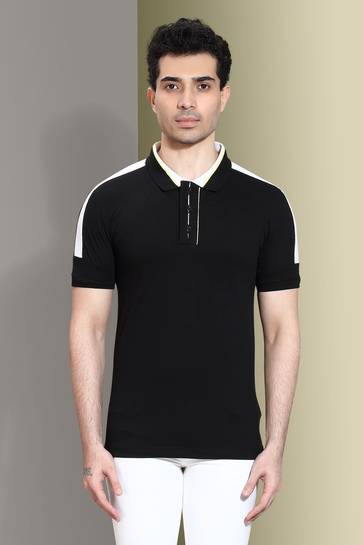 Stretch Cotton Pique with Partially Hidden Contrast Placket Polo T-Shirt - Black