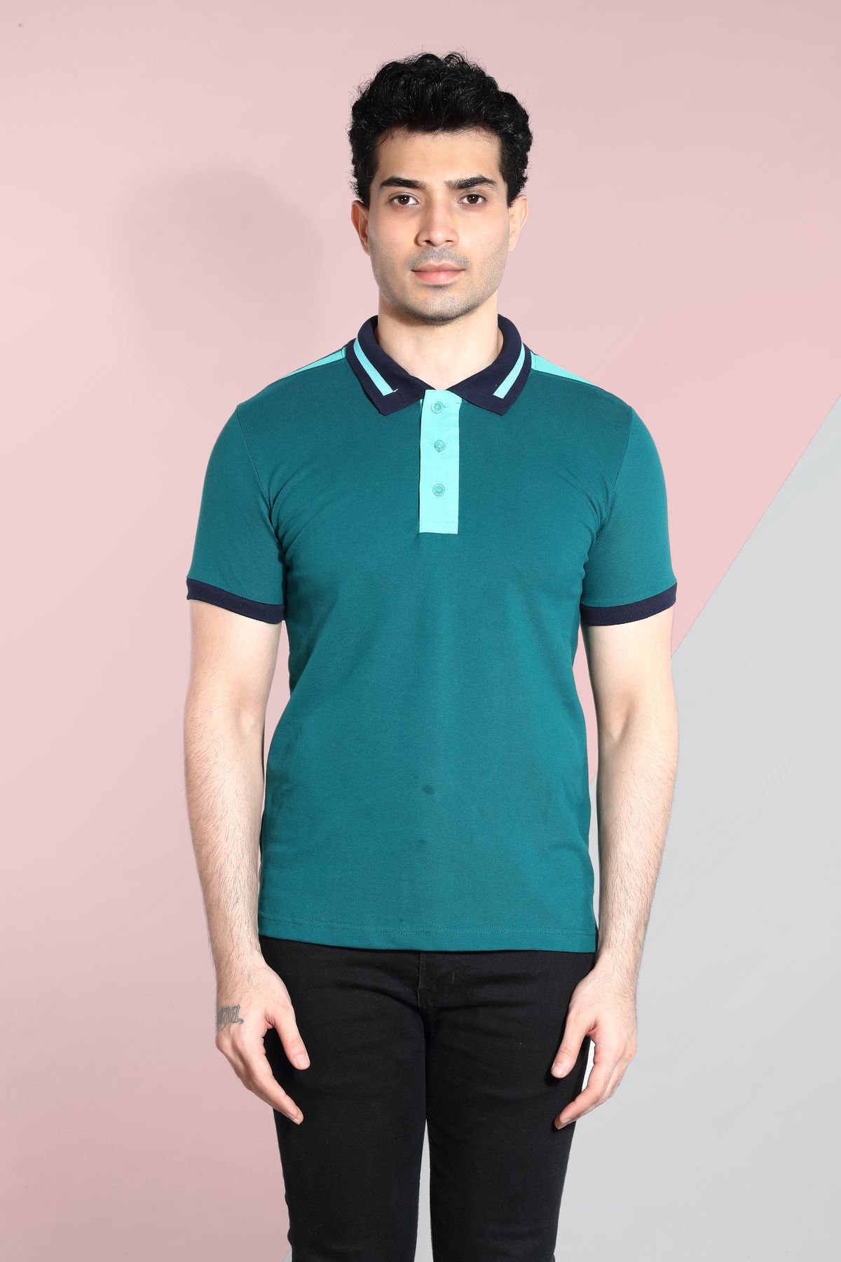 Polo Shirt in Stretch Cotton-Pique with Shoulder Knife Panel - Dark Green