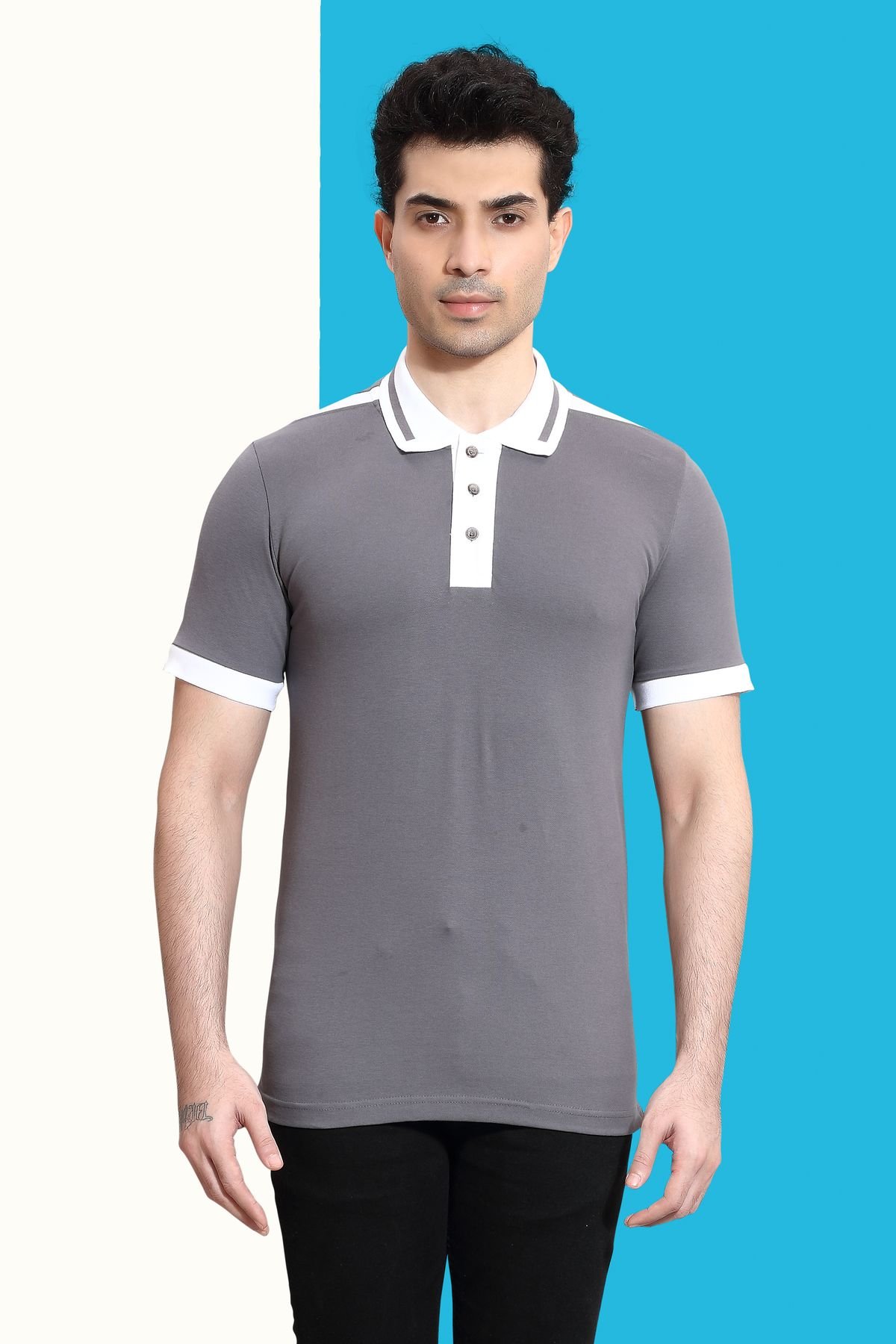 Polo Shirt in Stretch Cotton-Pique with Shoulder Knife Panel - Grey