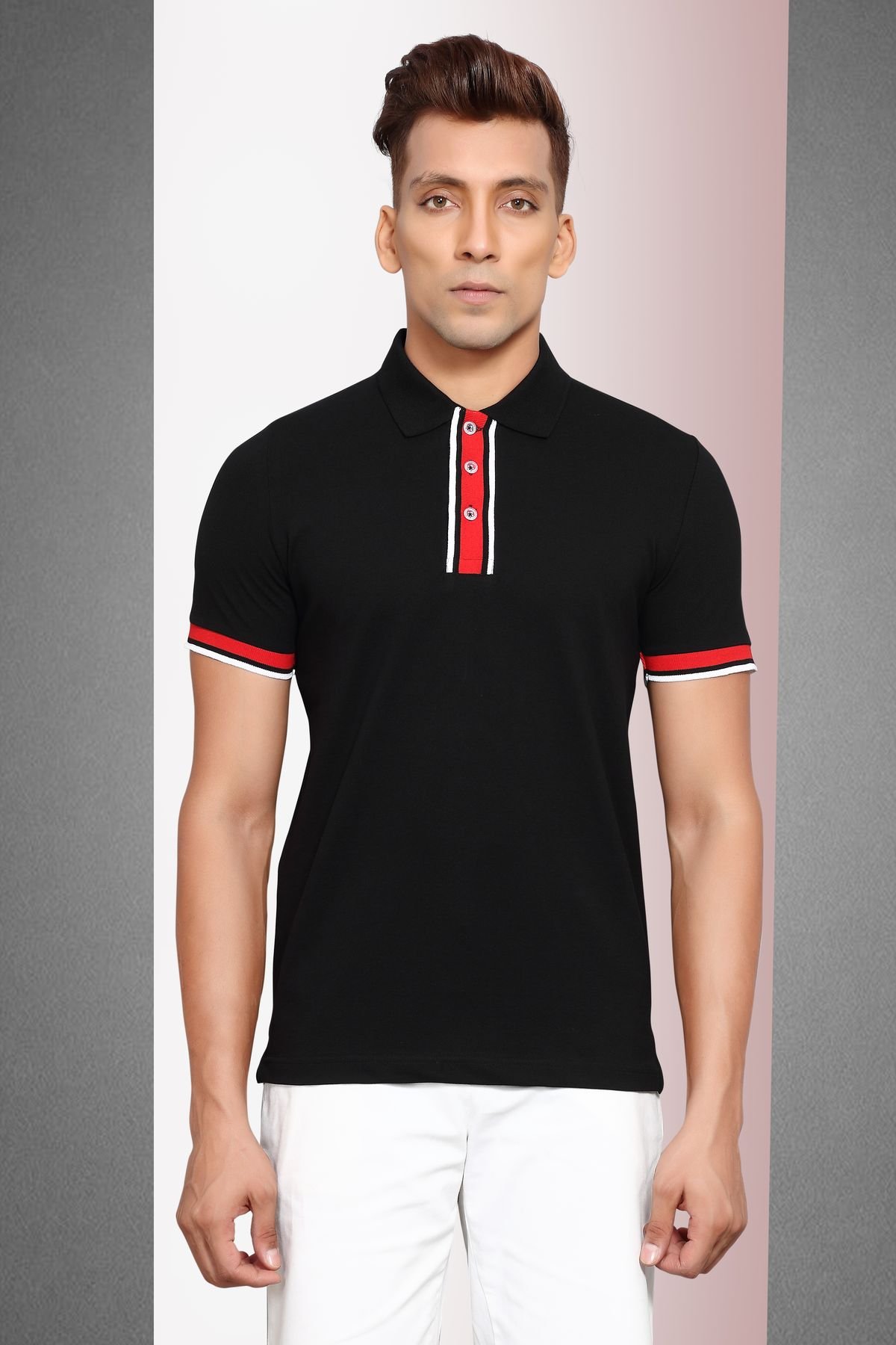 Polo Shirt in Stretch Cotton Pique Fabric With Contrast Trims - Black