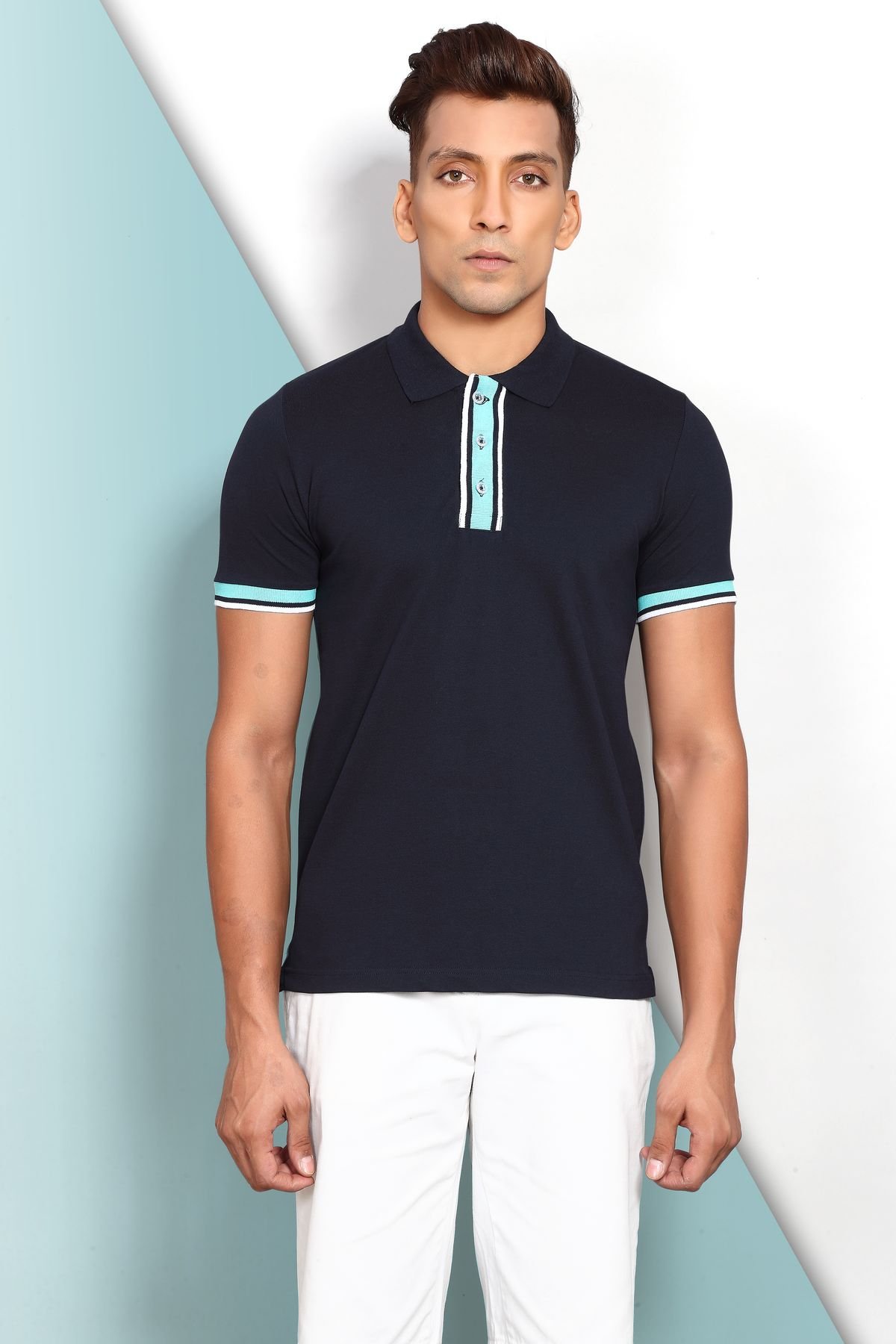 Polo Shirt in Stretch Cotton Pique Fabric With Contrast Trims - Navy