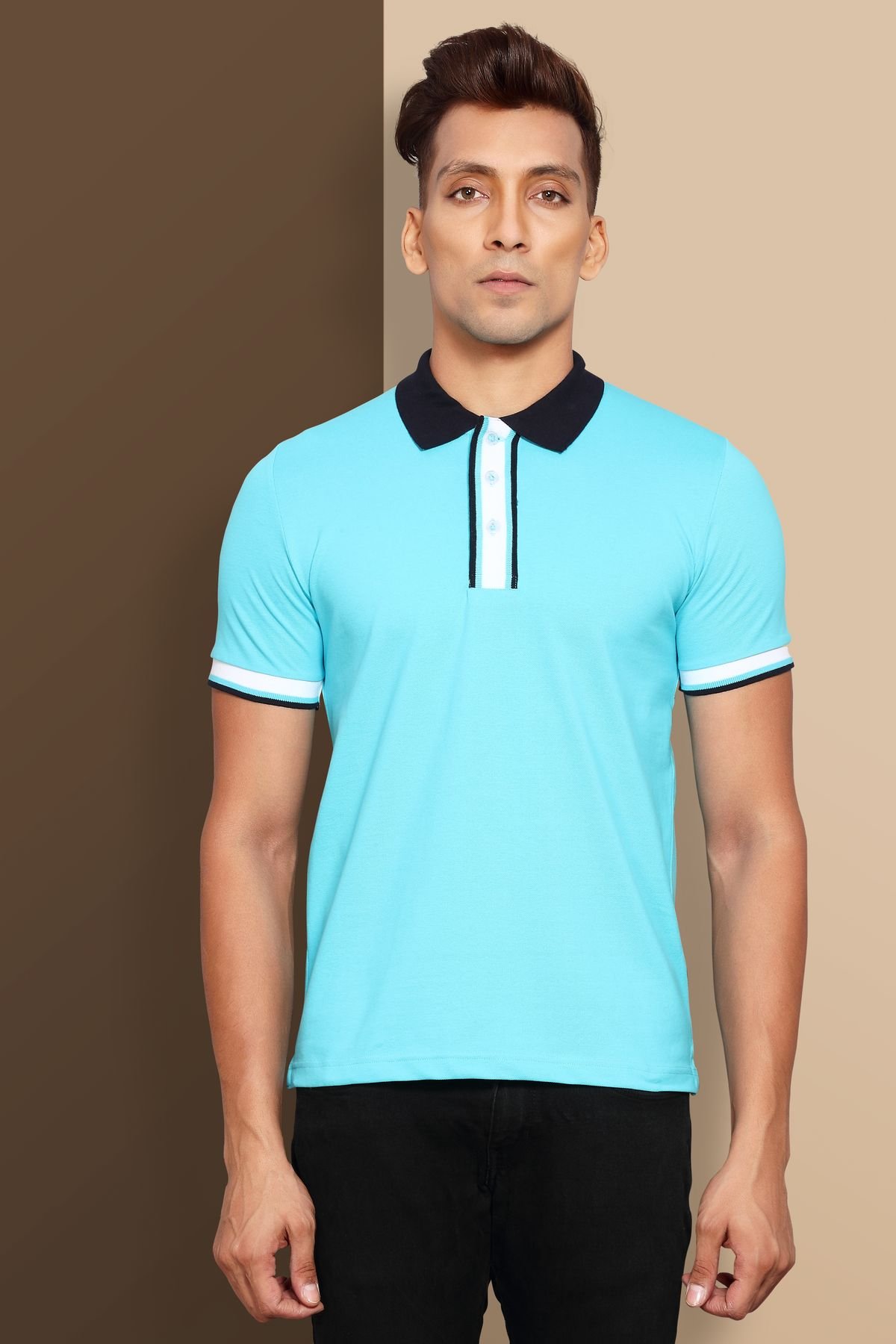 Polo Shirt in Stretch Cotton Pique Fabric With Contrast Trims - Sky Blue