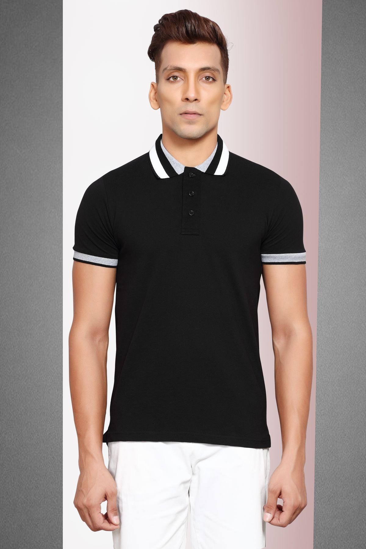 Cotton-Pique Stretch Polo Shirt with Striped Collar - Black