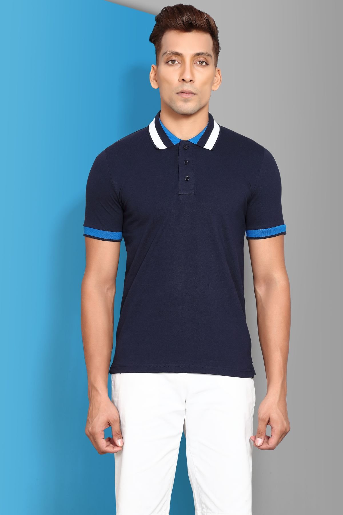 Cotton-Pique Stretch Polo Shirt with Striped Collar - Navy